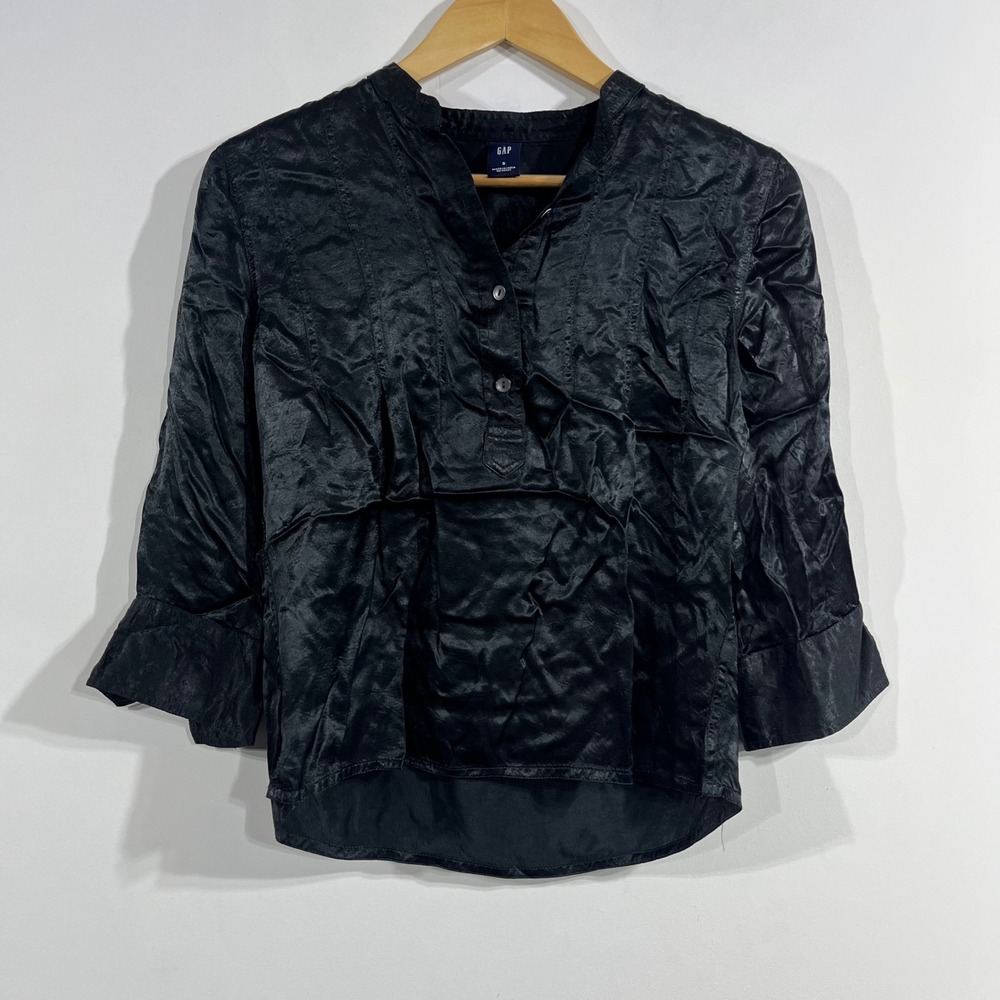 Gap Victorian Satin Crinkle Blouse 3/4‎ Sleeve Henley Top Career Womens Small